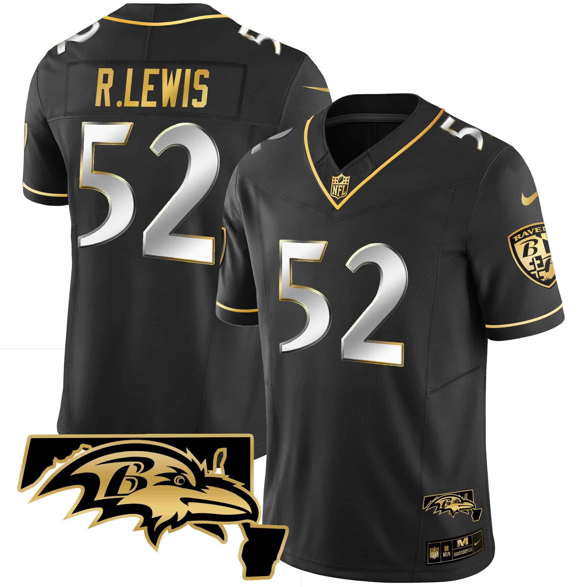 Men Baltimore Ravens #52 R.Lewis Black Gold 2024 Nike Maryland Patch Vapor Limited NFL Jersey style 1